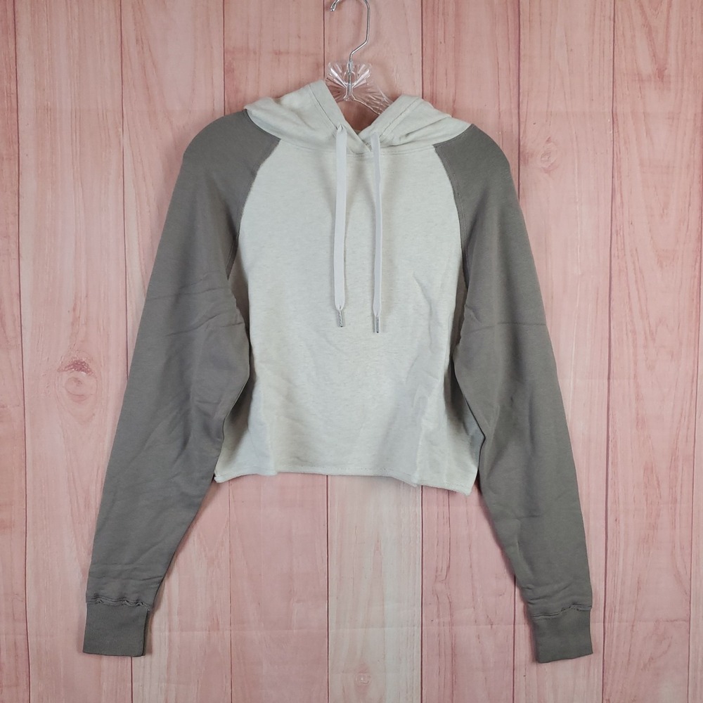 Tasc Womens Varsity Crop Hoodie Sz‎ Small Cream Olive Drawstring Long Sleeve